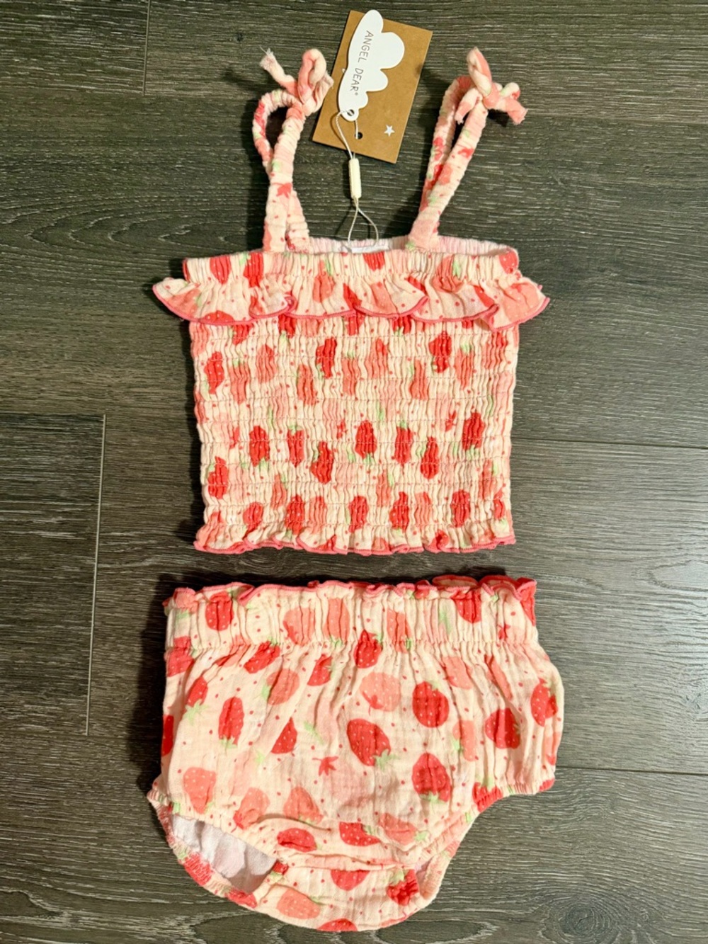 Angel Dear Pink Strawberry Smocked Baby Top with matching Bloomers
